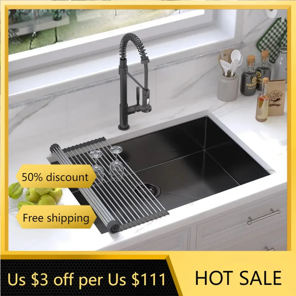 Darker Black 28 Inch Undermount Kitchen Sink - Single Bowl Kitchen Sink with Nano Surface, 16 Gauge Stainless Steel Kitchen Sink
