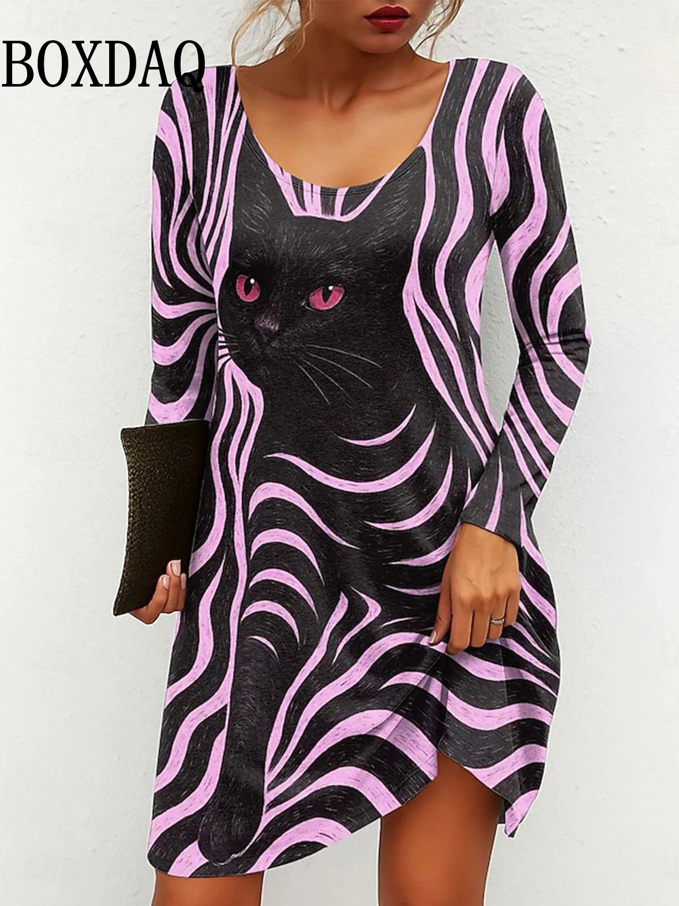 Dames mini-jurk grappige kat grafische lange mouw ronde hals T-shirt jurk casual A-lijn herfstjurken voor mode 2025, kleding