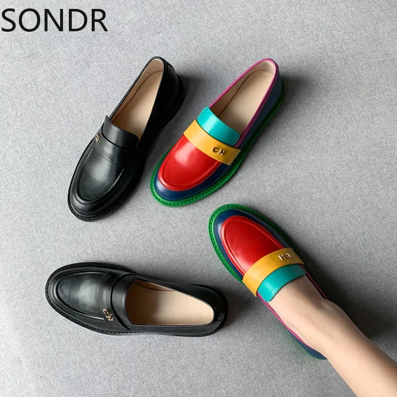 Womens Round Toe Rainbow Colors Real Cow Leather Low Heel Brogue Wingtip Shoes British Style Loafers Moccasins Black New 2024