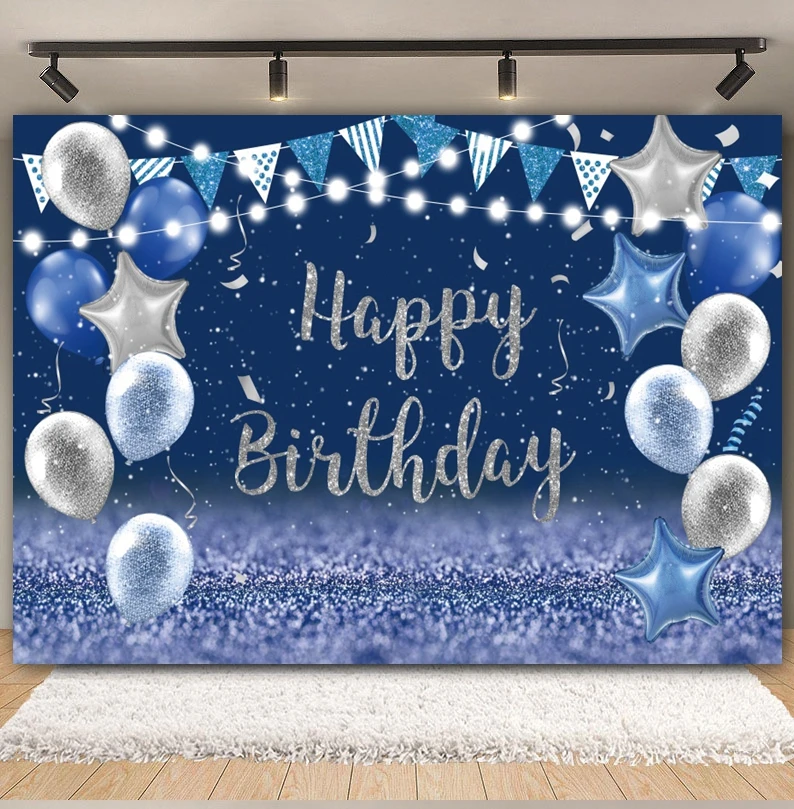 Blue Glitter Balloon Birthday Backdrop Sliver and Golden Flash Women Men Girls Birthday Party Cake Smash Photography Background