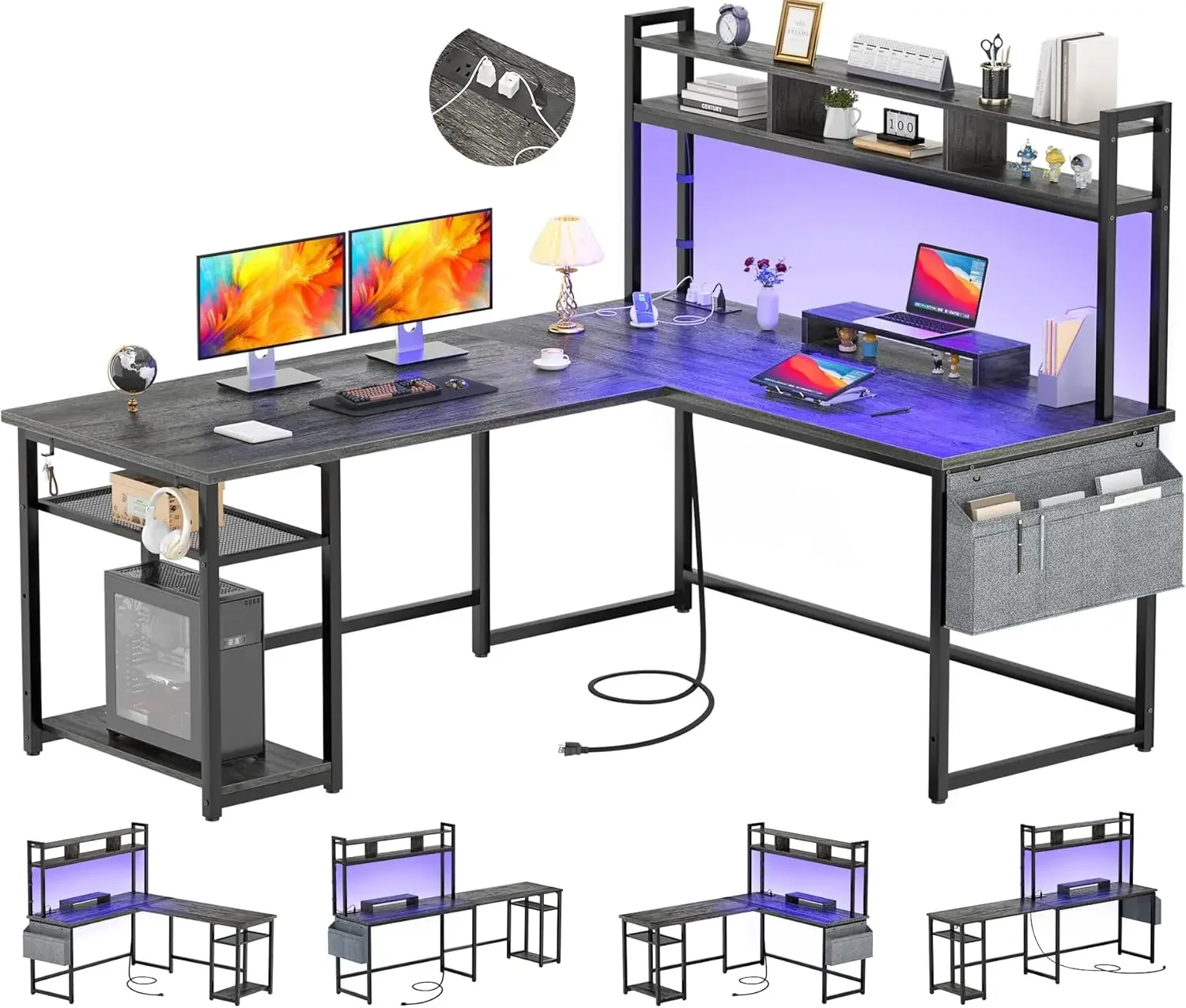 

Aheaplus L Shaped Desk with Power Outlet & LED Strip, Reversible L-Shaped Corner Computer Desks Gaming Desk with Storage Shelf