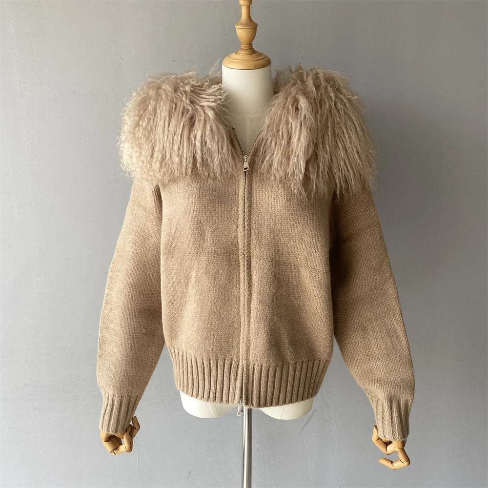 Jaxmonoy المرأة سترة مع الفراء الحقيقي السيدات الخريف موضة مقنعين سترة مشغولة من الصوف كبير المنغولية الأغنام الفراء طوق سترة 2025 جديد