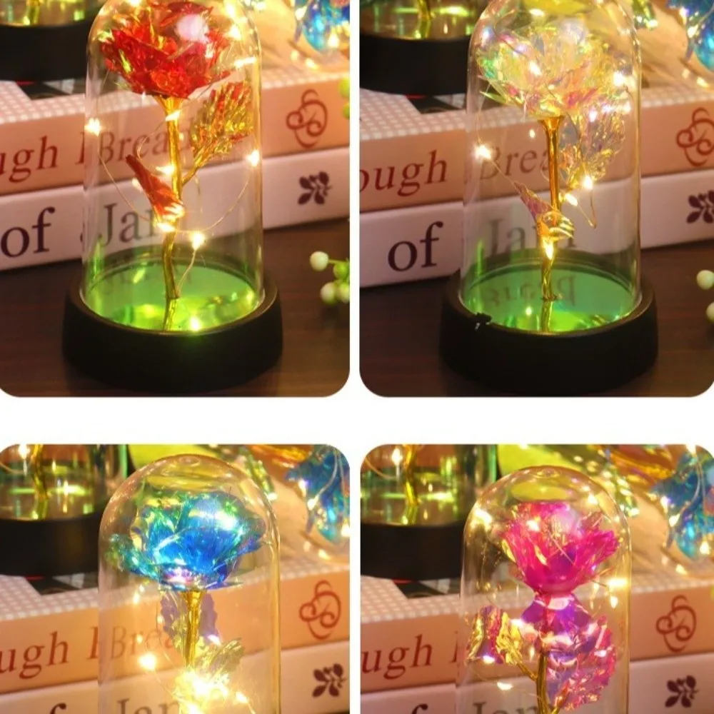 LED Gold Foil Rose with Transparent Cover Creative Gift Ornaments LED Luminous Preserved Flower Artificial Rose Flowers