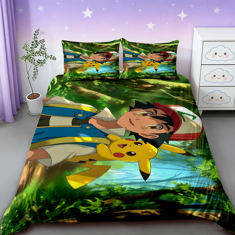 

Pikachu Bedding Set Cartoon Anime Children Bedroom Quilt Cover Boy Girl Bedclothes Single Double King Pikachu Duvet Cover Gift