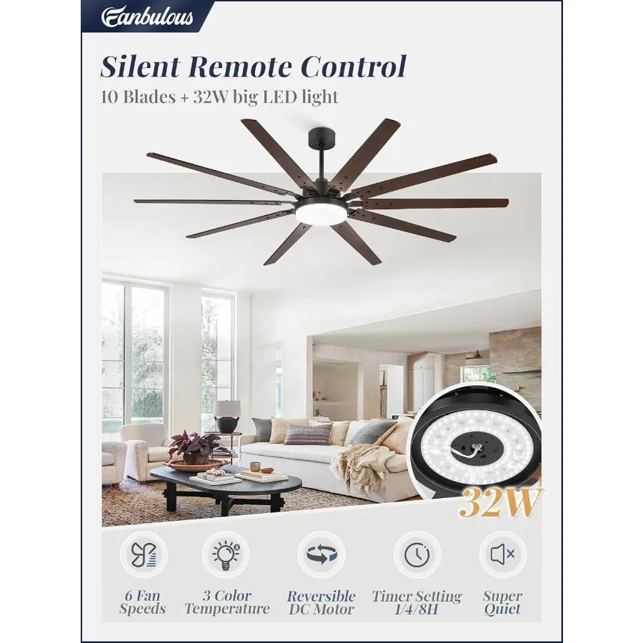 مراوح سقف صناعية مقاس 84 بوصة مع أضواء للاستخدام التجاري الداخلي والخارجي في كرابات الباحات والشرفات التي تتميز بتيار مستمر هادئ