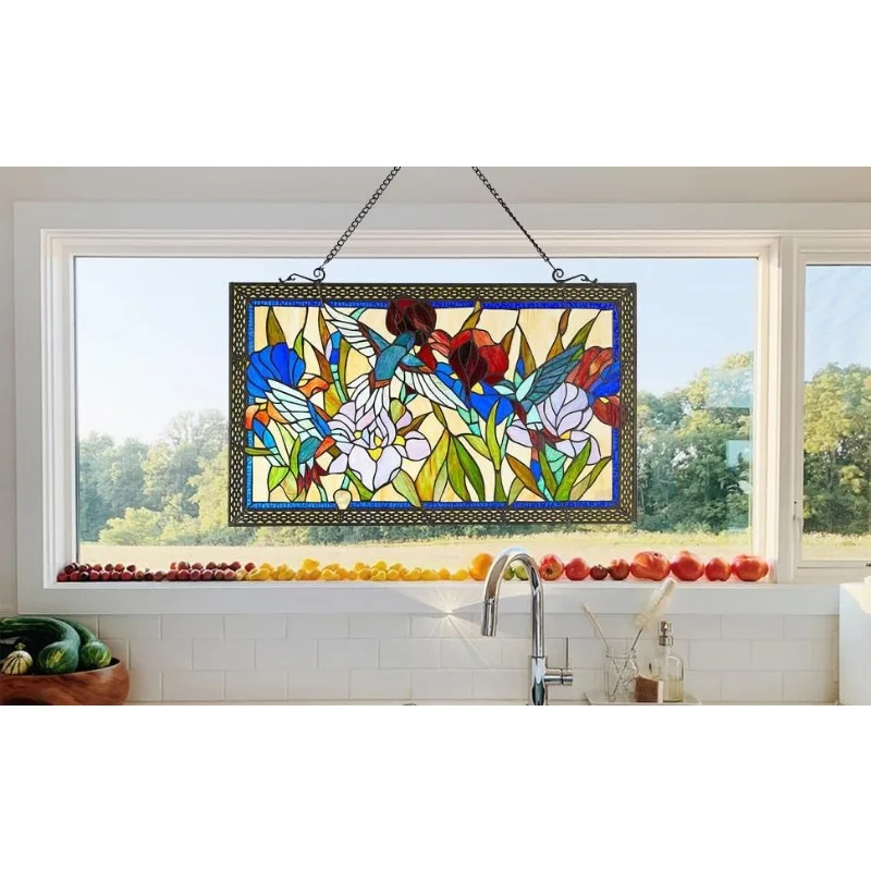 Humming and Flowers Stained Glass 28" x 17" Window Panel, 100% Genuine Stained Glass, Handcrafted 363 pieces, 28 by 17-inch