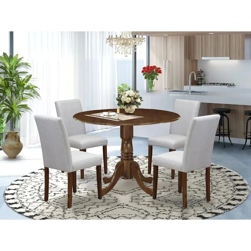 

5 Piece Dining Set Contains a Round Dining Room Table with Dropleaf and 4 Upholstered Chairs, 42x42 Inch, Antique Walnut