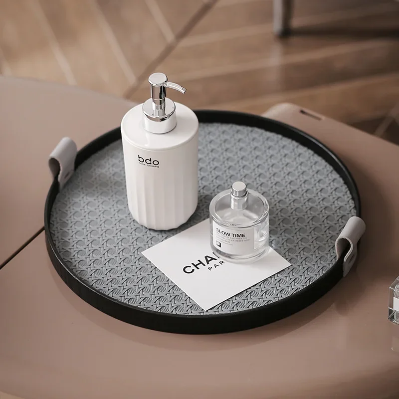 Leather tray retro storage tray living room coffee table dining room light luxury wooden storage disc decoration