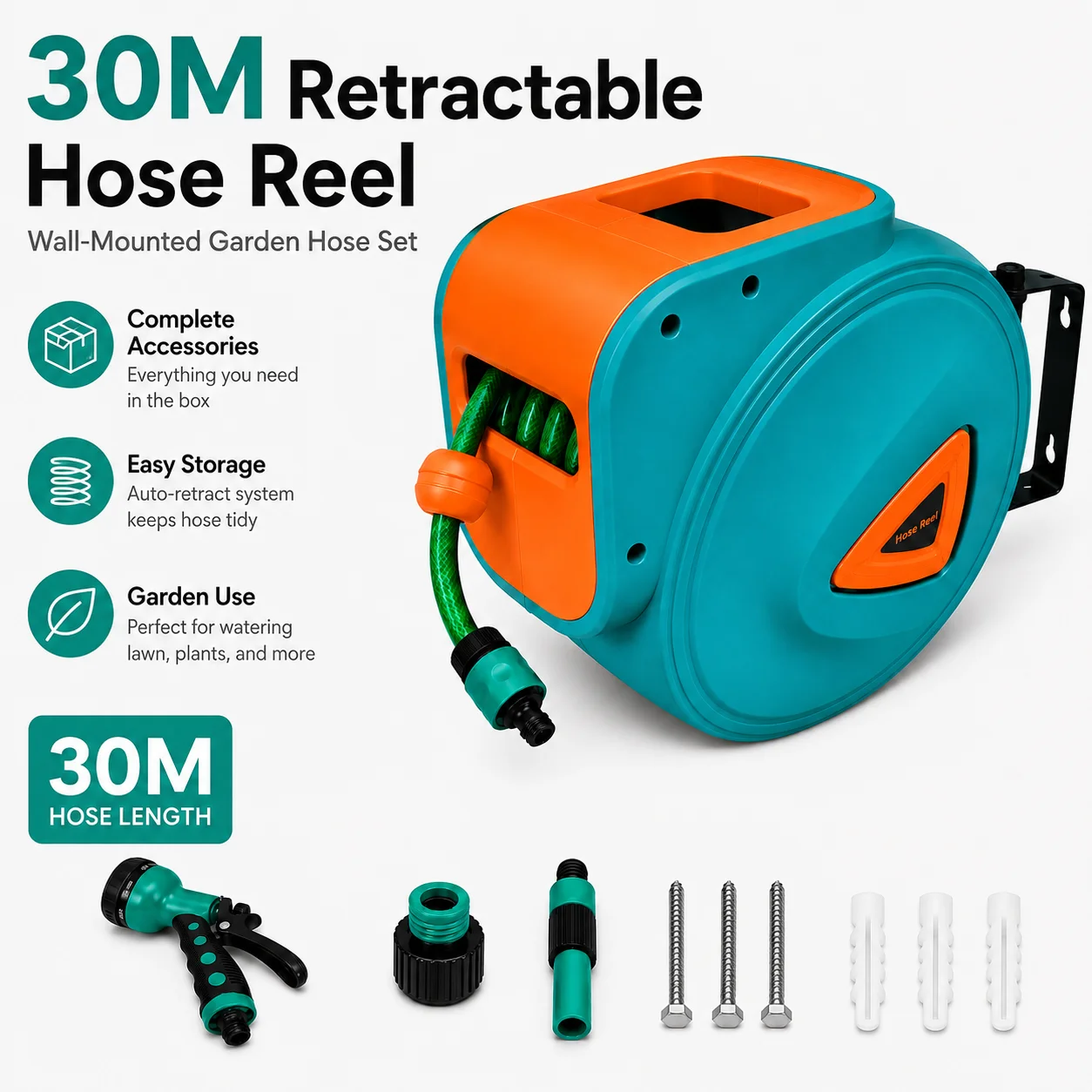 Garden Hose Reel Automatic Retractable 30M - عربة خرطوم الحديقة القابلة للسحب من