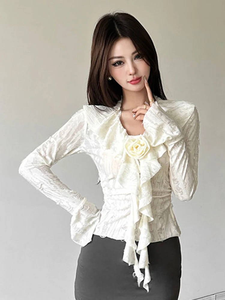 Camisetas Y2k con volantes florales en 3d para mujer, camisetas góticas ajustadas de manga larga con agujeros, ropa de calle Harajuku Vintage para mujer, camisetas con diseño de cuello en V