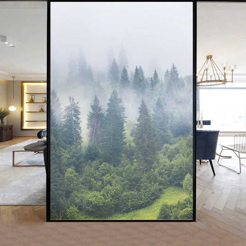 

Privacy Windows Film Decorative Forest Creek Painting Stained Glass Window Stickers No Glue Static Cling Frosted Window Cling