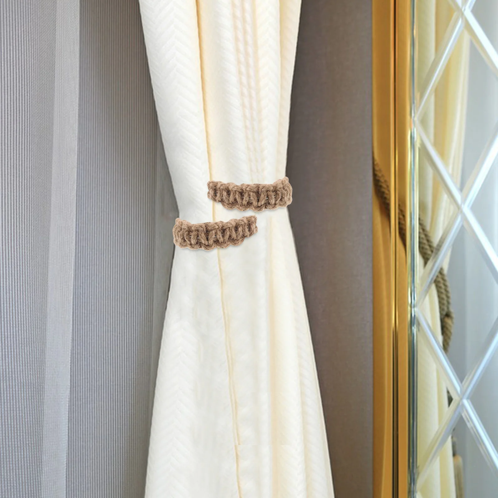 

2Pcs Nordic Handwoven Curtain Tiebacks Rustic Cotton Jute Rope Drapery Holdbacks Decorative Ties for Home Office Bedroom