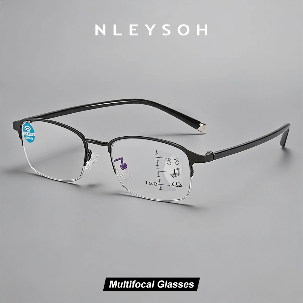 NLEYSOH Lunettes de lecture progressives multifocales en métal à demi-cadre pour hommes et femmes, lunettes anti-lumière bleue +1,00~+4,00 dioptries