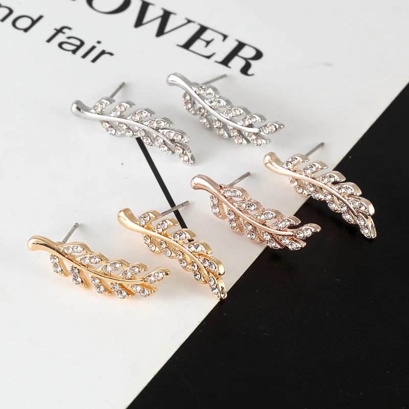 2024 New Crystal Feather Stud Earrings for Women Gold Color Silver Color Leaf Shape Girls Small Earrings Fashion Ear Jewelry