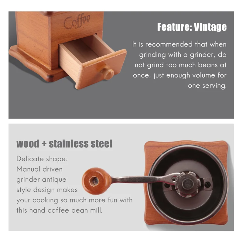 ABLQ Coffee Bean Grinder Wooden Manual Coffee Grinder Hand Stainless Steel Retro Coffee Spice Mini Burr Mill With - Image 2