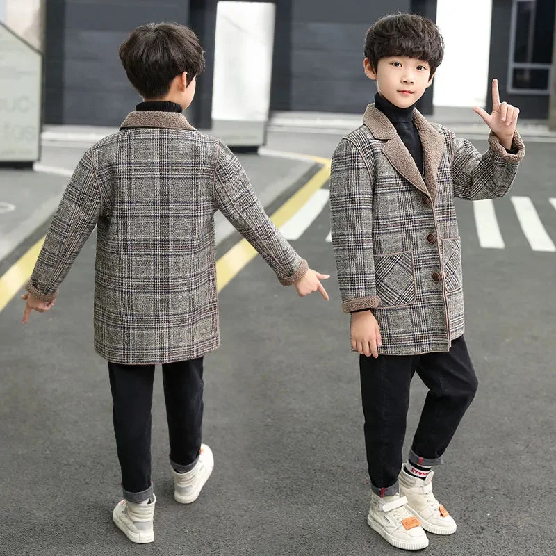 

Children's Wool Coat for Boy Autumn & Spring 2024 New Casual Turn Collar Plaid Pus Velvet Men's Teenager Jacket Outerwear