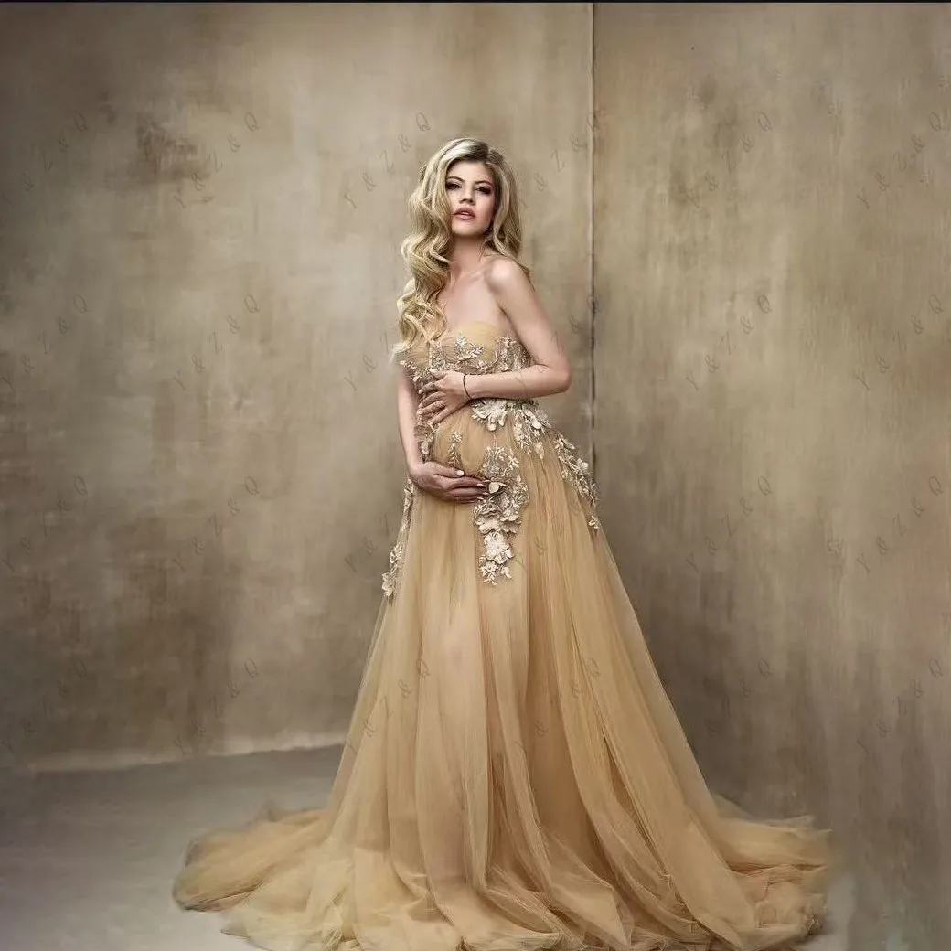 3D 플로럴 스위트하트 임부복 드레스 오프숄더 소프트 튤 A라인 임부복 가운 아플리케 레이스업 코르셋 백