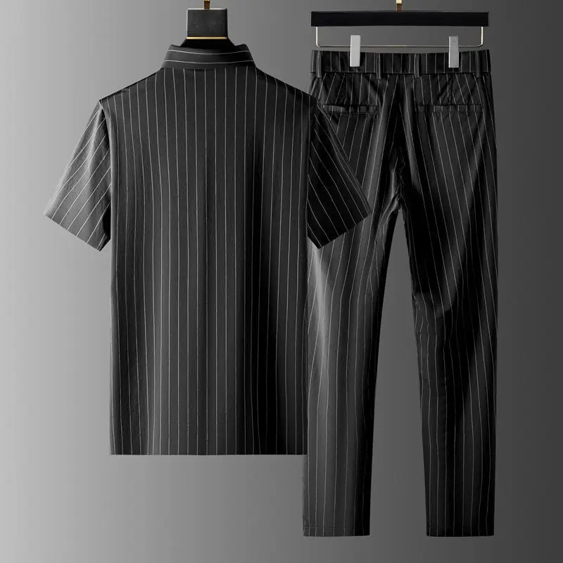 Men's Clothing Summer high quality Casual Trousers Polo Shirt suit Short-sleeved Thin Striped Business Two-piece Set