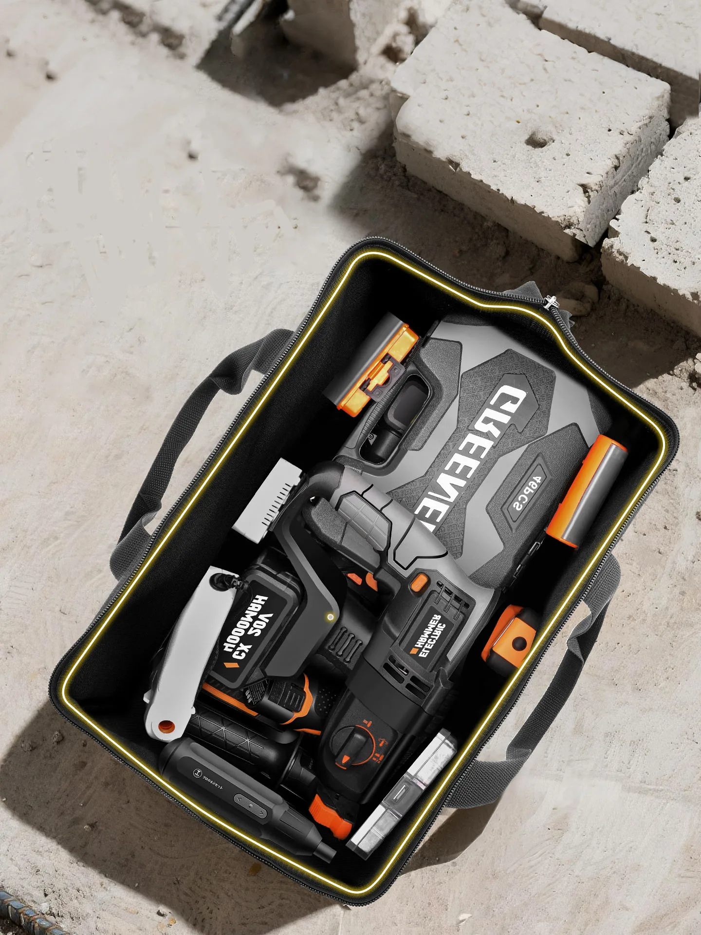 ヘビーデューティー厚手キャンバスツールバッグ 電気技師用 5層補強 防水 ポータブルオーガナイザー ハンマー用広々スペース