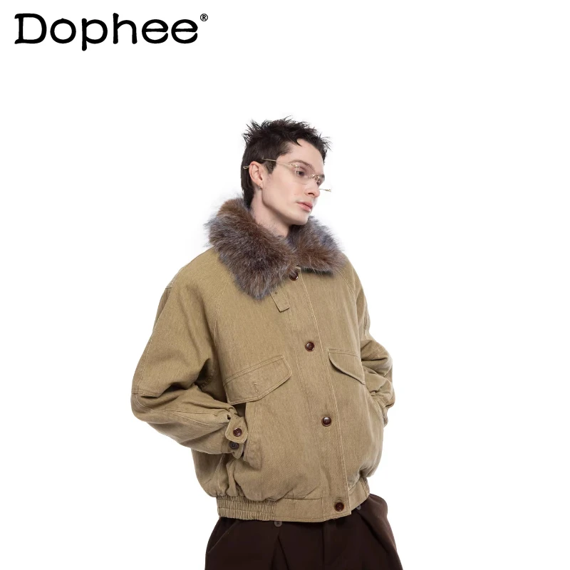 

2025 мужские зимние новые стеганые куртки с воротником из искусственного меха, утепленные теплые пальто с карманами, украшенные карманами, высококачественные однотонные парки