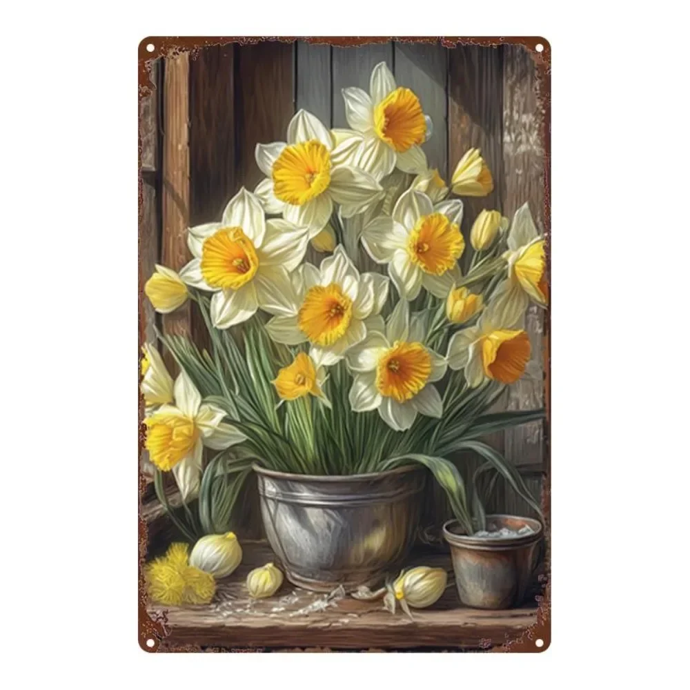 （2D Tin painting）Vintage Spring Daffodil Metal Sign Iron 8x12 Inch Retro Wall Decor Plaque Tin Plate For Bar Coffee Shop