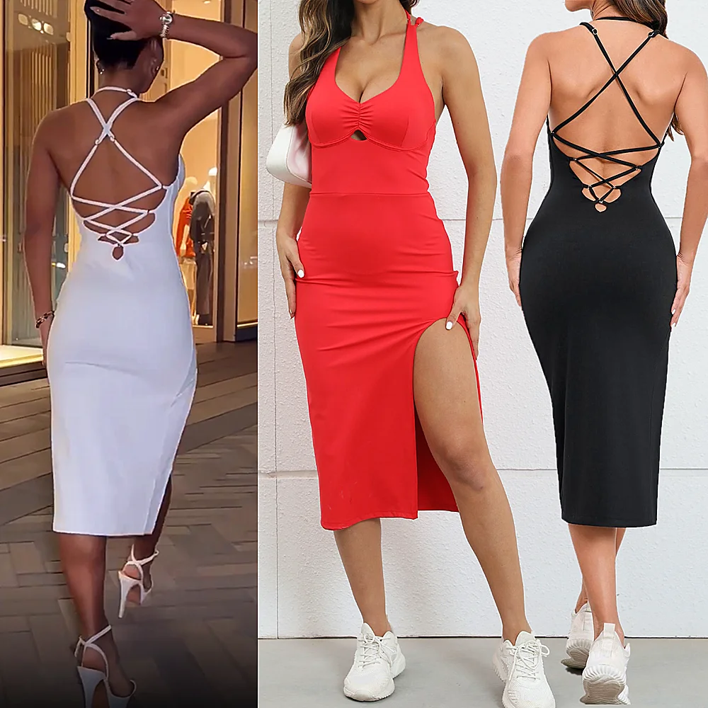 

New Pad Open back cross high slit buttocks wrapped dress One Piece Skinny Yoga Set Scrunch Dress Breathable Women Sexy