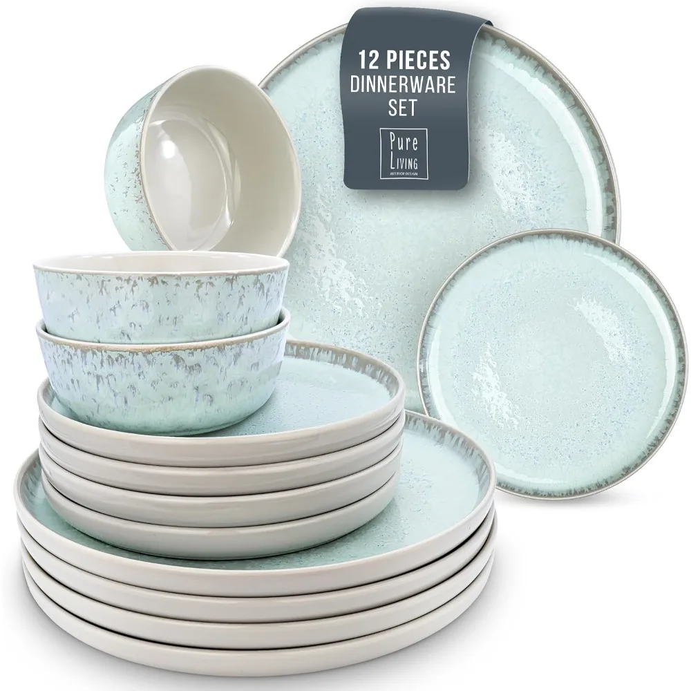 

12-Piece Modern Stoneware Dinnerware Set, Scratch & Dishwasher Safe, Microwaveable