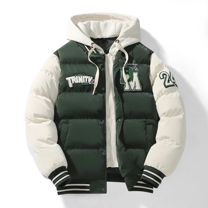 

Winter Baseball Jacket Fake 2-piece Men's Sports Hooded Parkas Winter Loose-fit Thickened Warm Cotton Coat New Puffer Jacket