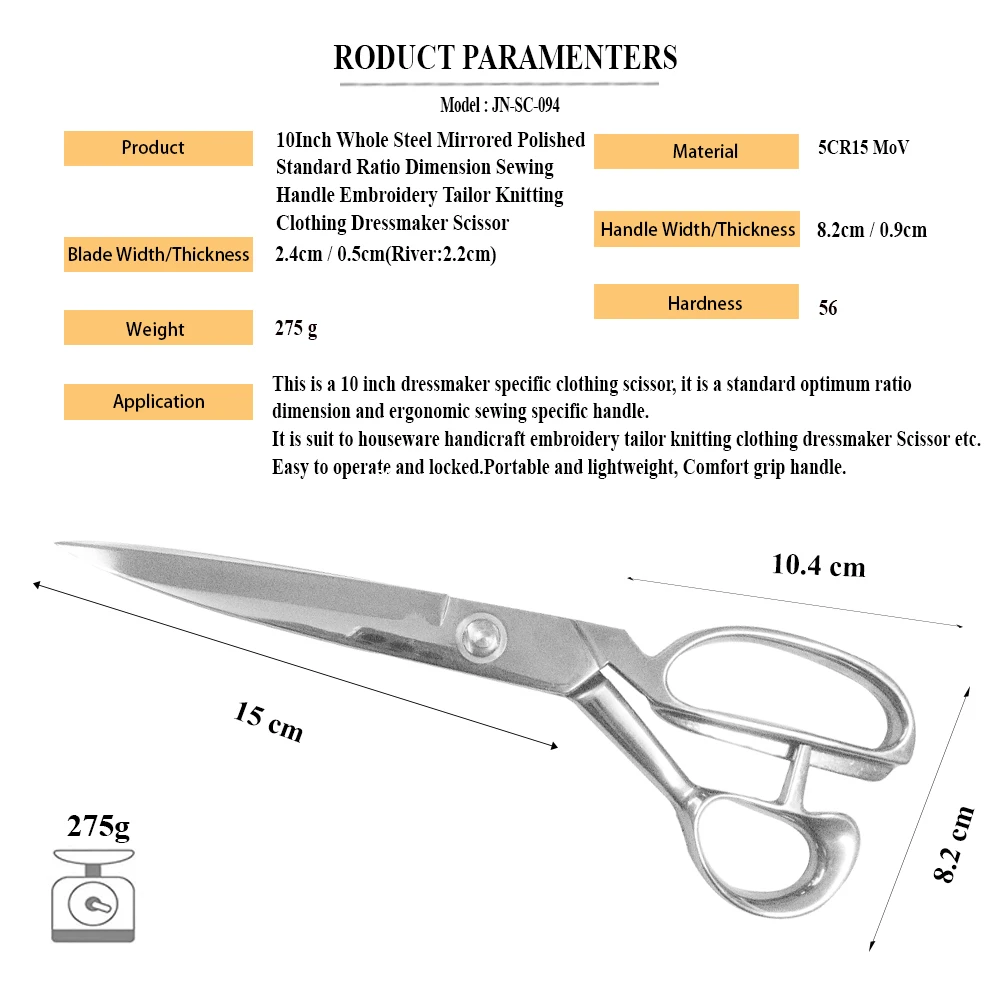 Jincraftsman®–10Inch Mirrored Polished Standard Ratio Size Sewing Handle Embroidery Tailor Knitting Clothing Dressmaker Scissors