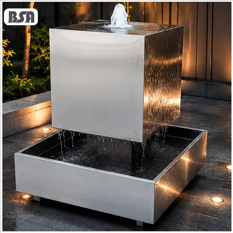 BSA 304/316L Modern Geometric Cube Stainless Steel Fountain Square Outdoor Water Feature for Garden Landscape Design