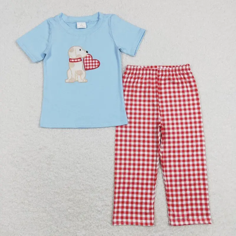 

New rts baby Boy Blue valentine's day suit wholesale boutique embroidered love puppy pattern plaid pants boys clothing