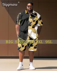 Biggmans Casual Two Piece Shirt Sets for Men's Clothing Vintage Chain Large Shorts Short Sleeves Big Plus Size Suit