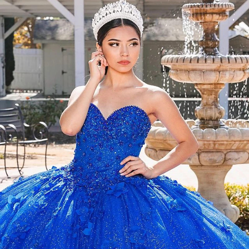 ANGELSBRIDEP Royal Blue Quinceanera Dresses 15 Year Old Puffy 3D Flower Lace Appliques Beading Princess Birthday Party Prom Gown