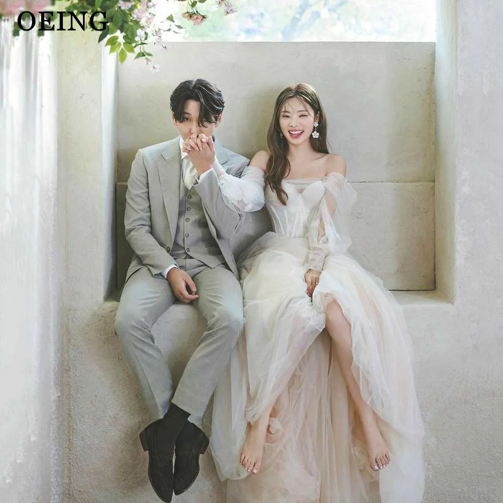 OEING Fairy Tulle A Line Korea Wedding Dresses Puff Long Sleeves Sweetheart Floor Length Bridal Gowns Photoshoot Mariage Gala