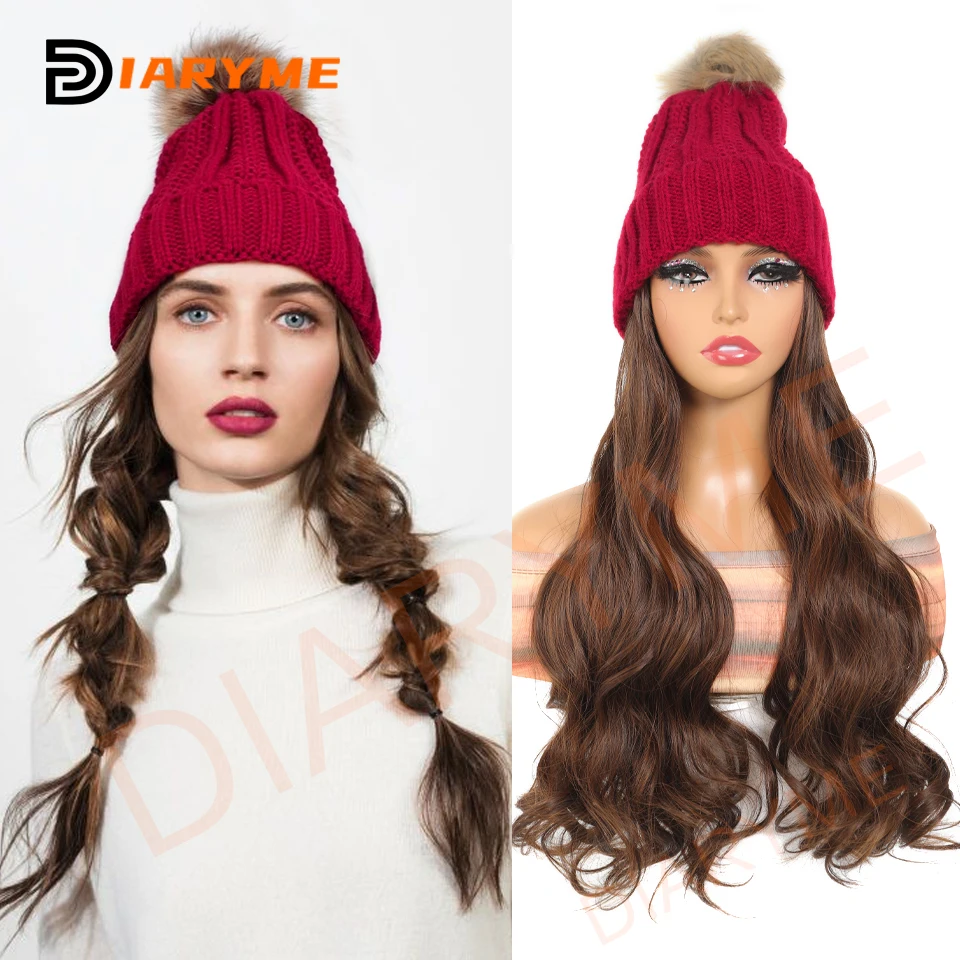 Knitted Beanie Hat Wig Synthetic Long Wavy Hair Extension Red Knitted Hat  Attached Hairpiece for Women Girls Winter warm Fake H