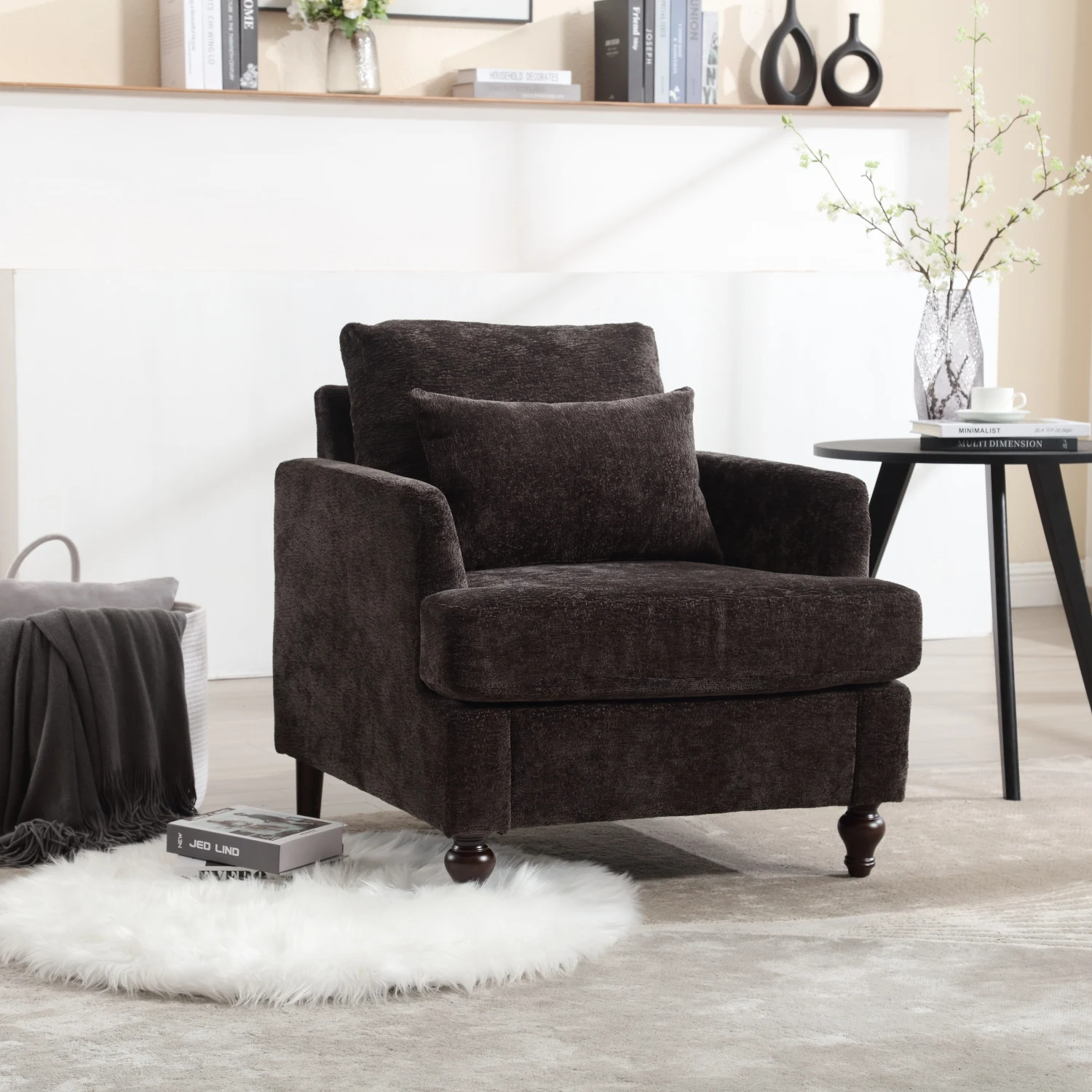 COOLMORE Modern Black Chenille Wood Frame Armchair - Tufted Lounge Club Chair with Studded Details for Living Room or Bedroom Re