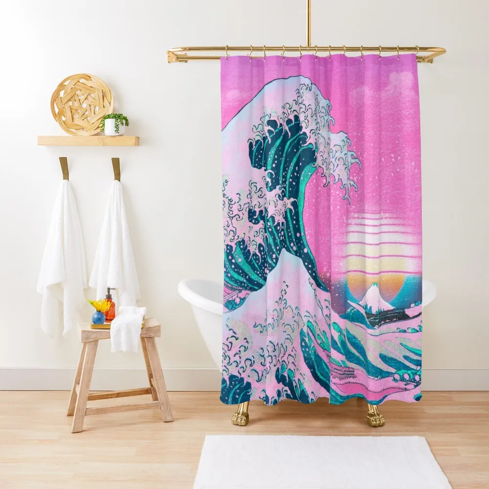 Vaporwave Aesthetic Great Wave Off Kanagawa Retro Sunset Shower Curtain Curtains For Bathroom