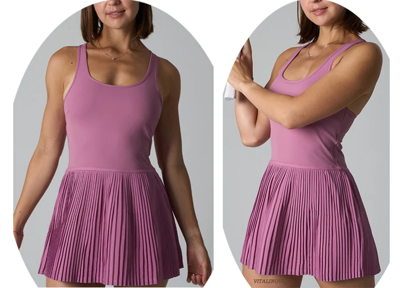 VITALINOVO Damen-Tenniskleid, U-Ausschnitt, integrierter BH, Golf-Sportkleid ohne Shorts, Racerback, Workout, Gym, plissierte Minikleider – Detail 8