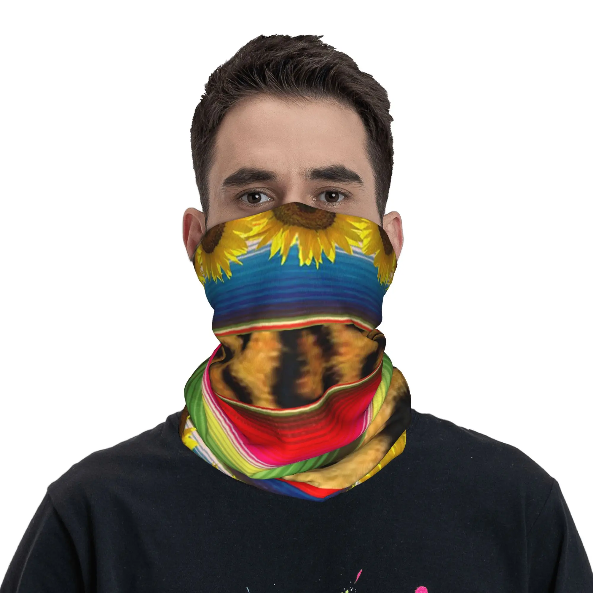 Beautiful Mexican Serape Leopard Print and Sunflowers Bandana Neck Gaiter Printed Wrap Scarf Balaclava Riding for Men Women