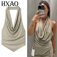 HXAO 2025 Tops con cuello Halter y remaches para mujer, camisetas sin mangas sexis con volantes y camisola para mujer, camiseta sin mangas sin espalda, chalecos elegantes