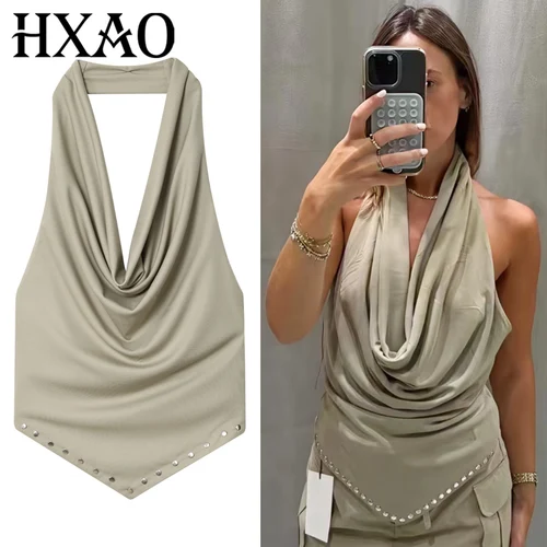 HXAO 2025 Tops con cuello Halter y remaches para mujer, camisetas sin mangas sexis con volantes y camisola para mujer, camiseta sin mangas sin espalda, chalecos elegantes