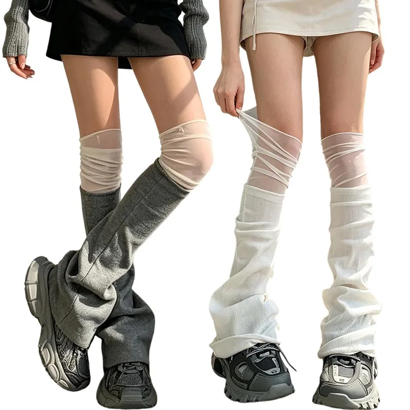 Mesh Panel Flared Leg Warmers for Women Y2K Streetwear Subculture Style Nylon Breathable Extra Long Slouchy Boot Socks Accessory