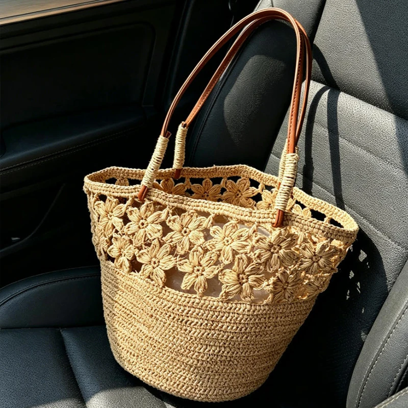

Сумка-тоут из рафии с цветами, связанная крючком, ручной работы, плетеная, на плечо, для летнего пляжного отдыха, повседневная, вместительная женская сумка