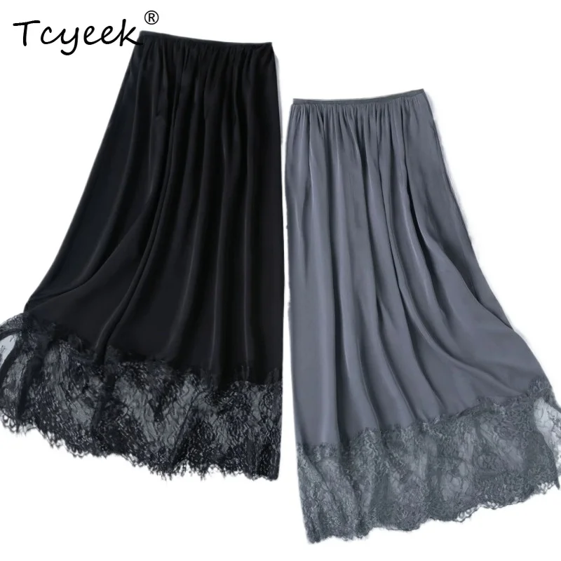 Tcyeek 93% Real Silk Women Long Skirts 2026 Spring Summer Elastic Waist Lace-trimmed Skirt Ladies Clothing Faldones Para Mujer