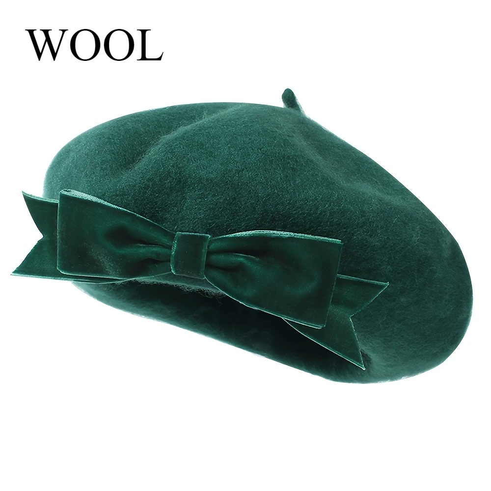 Elegant Dark Green Wool Beret with Large Bow Vintage Inspired  Painter Cap for Women Perfect for Parties Trendy Outfits