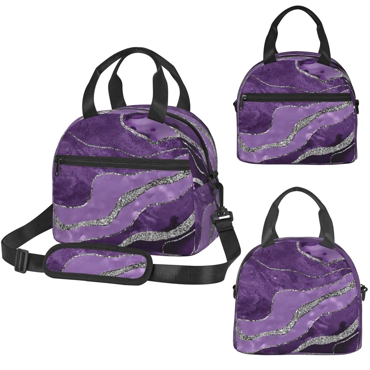 Purple Marble Agate Silver Glitter Insulated Lunch Bag for Kids School Cooler Thermal Box Tote Leakproof Lunch Boxes