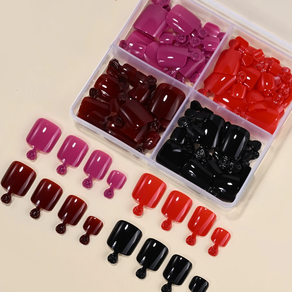 96pcs Glossy Black Red Press On Toenails Short Square Fake Toe Nails Full Cover Solid Color Acrylic Summer Toenails 5-16.7mm Y2