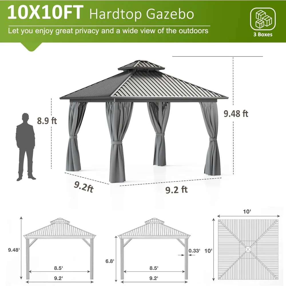 10x10 FT Hardtop Gazebo with Aluminum Frame, Galvanized Steel Double Roof Gazebo with Nettings and Curtains, Permanent Outdoor