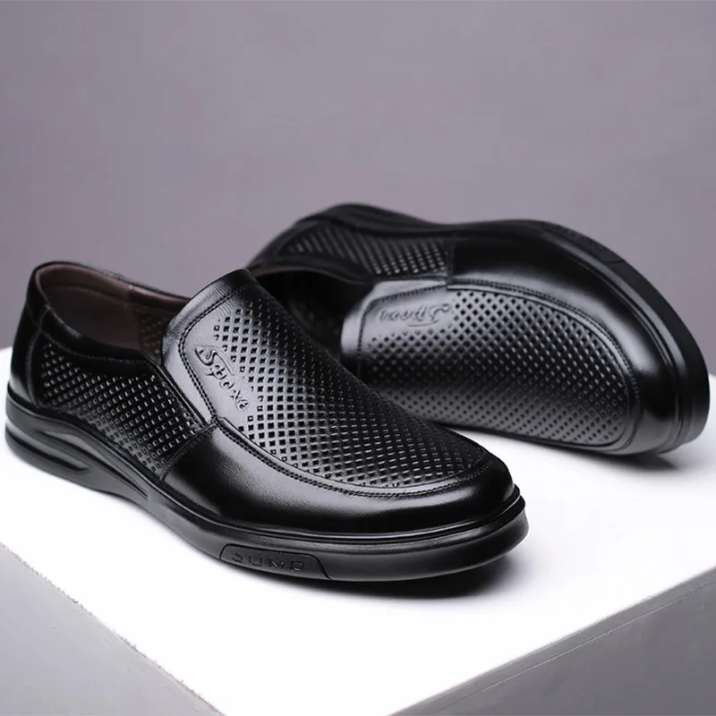 Genuine Leather Shoes Men Summer Footwear Cow Leather Mens Casual Shoes Brand Male Business Shoes Black Big Size 45 A4386