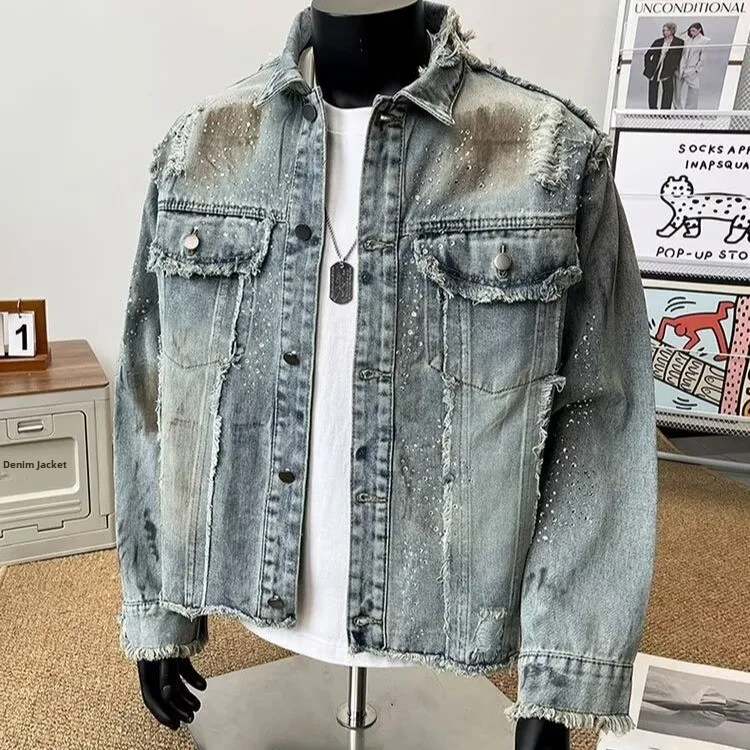 

Голубая мужская рабочая одежда, джинсовая куртка, весенне-осенняя куртка с высоким воротником, американская куртка с воротником-стойкой, молодежная модная куртка-стойка